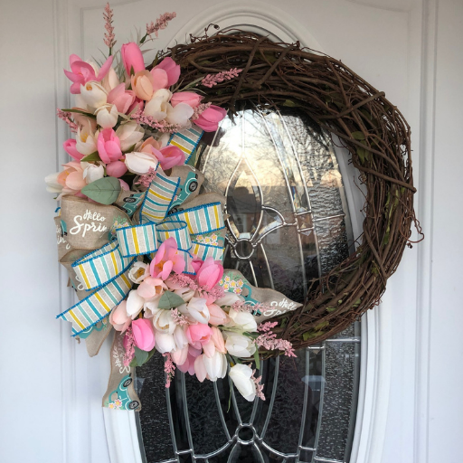 grapevine wreath with pink and cream tulips